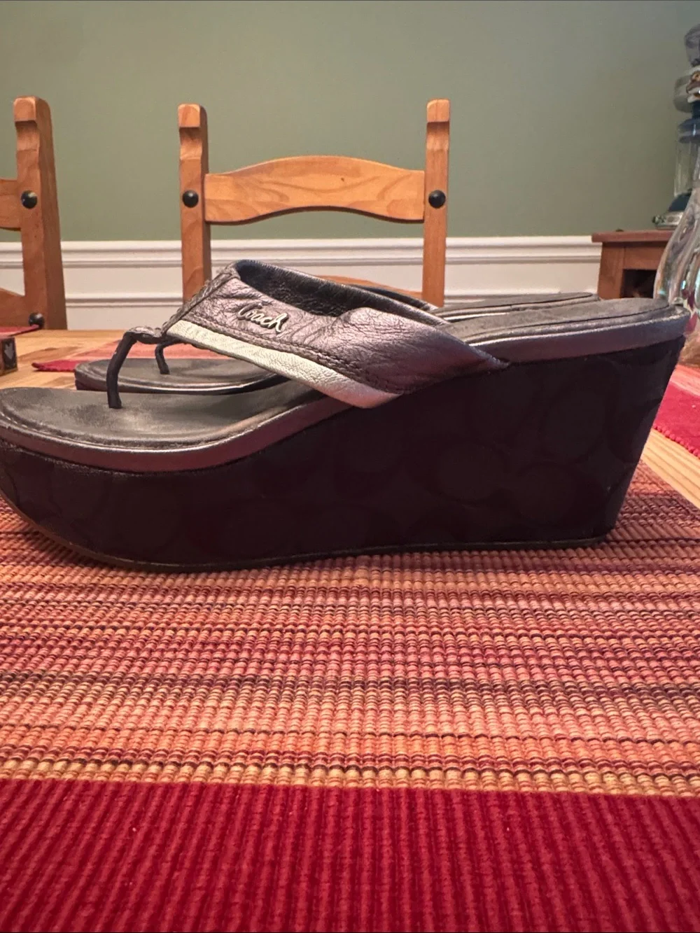Coach Black and Silver Wedge Flip Sandals
